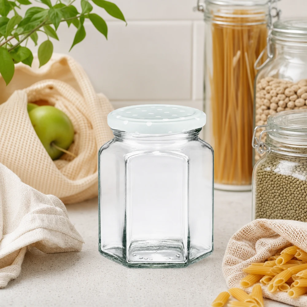 Pot 288 ml hexagonal + couvercle BasicSeal points menthe UNiTWIST Bocal hexagonal vide de 288 ml avec couvercle blanc dans un environnement de cuisine durable avec des pâtes, des légumineuses et des textiles écologiques