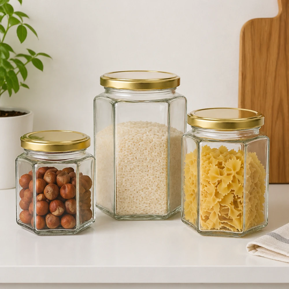 Trois pots de miel de 500g BasicSeal différentes tailles avec couvercles dorés remplis Noix Riz Pâtes Conservation des réserves