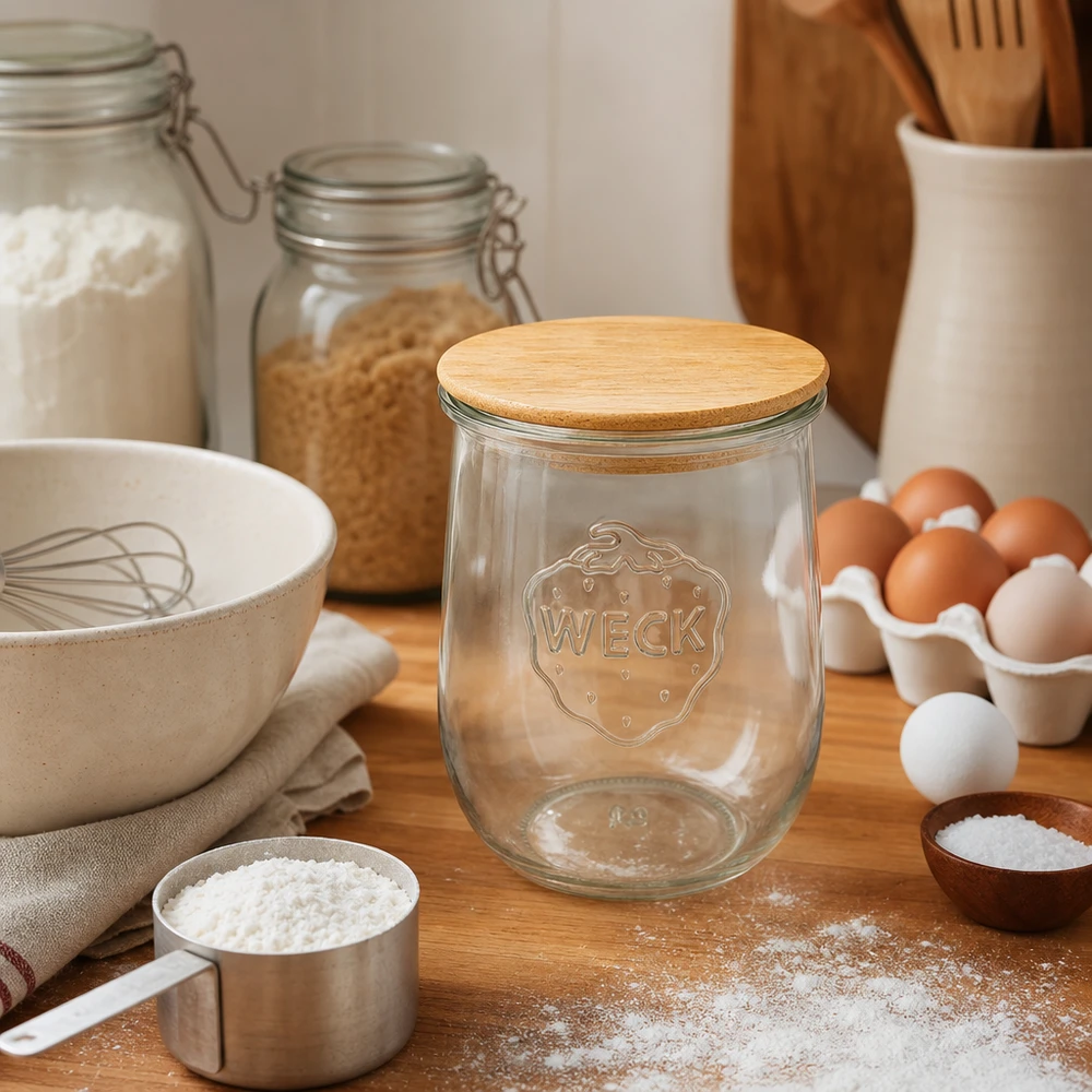 WECK Pot tulipe RR100 1062ml vide avec couvercle en bois dans la cuisine rustique entre les ingrédients de cuisson les œufs la farine les ustensiles