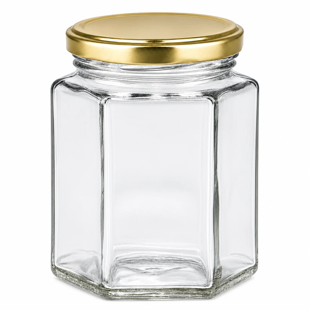 Pot à miel 250 g avec couvercle doré BasicSeal UNiTWIST Pot à miel hexagonal de 250g avec couvercle doré BasicSeal vide transparent pour la conservation du miel et de la confiture