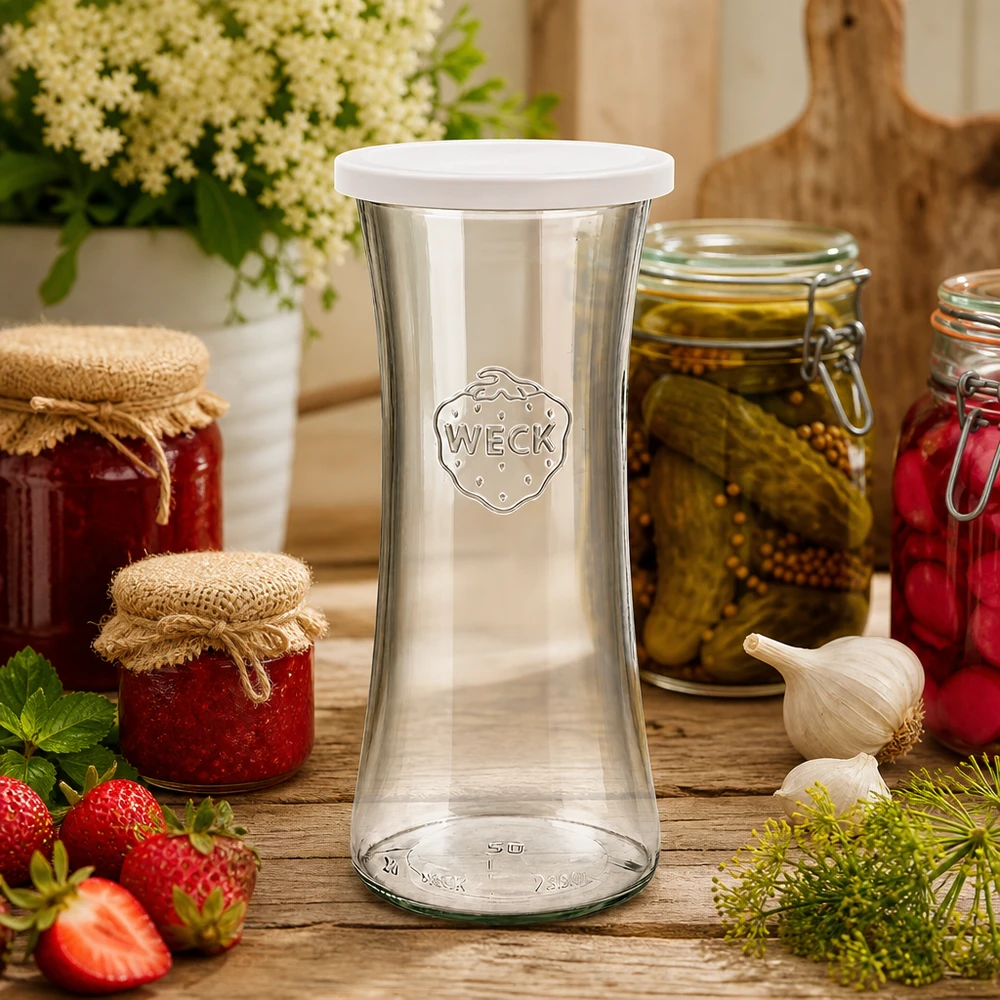 700ml bocal à gourmandises avec couvercle fraîcheur WECK RR80 WECK Pot de conserve 700ml RR80 dans une scène de cuisine avec des pots de confiture, des cornichons et des fraises fraîches