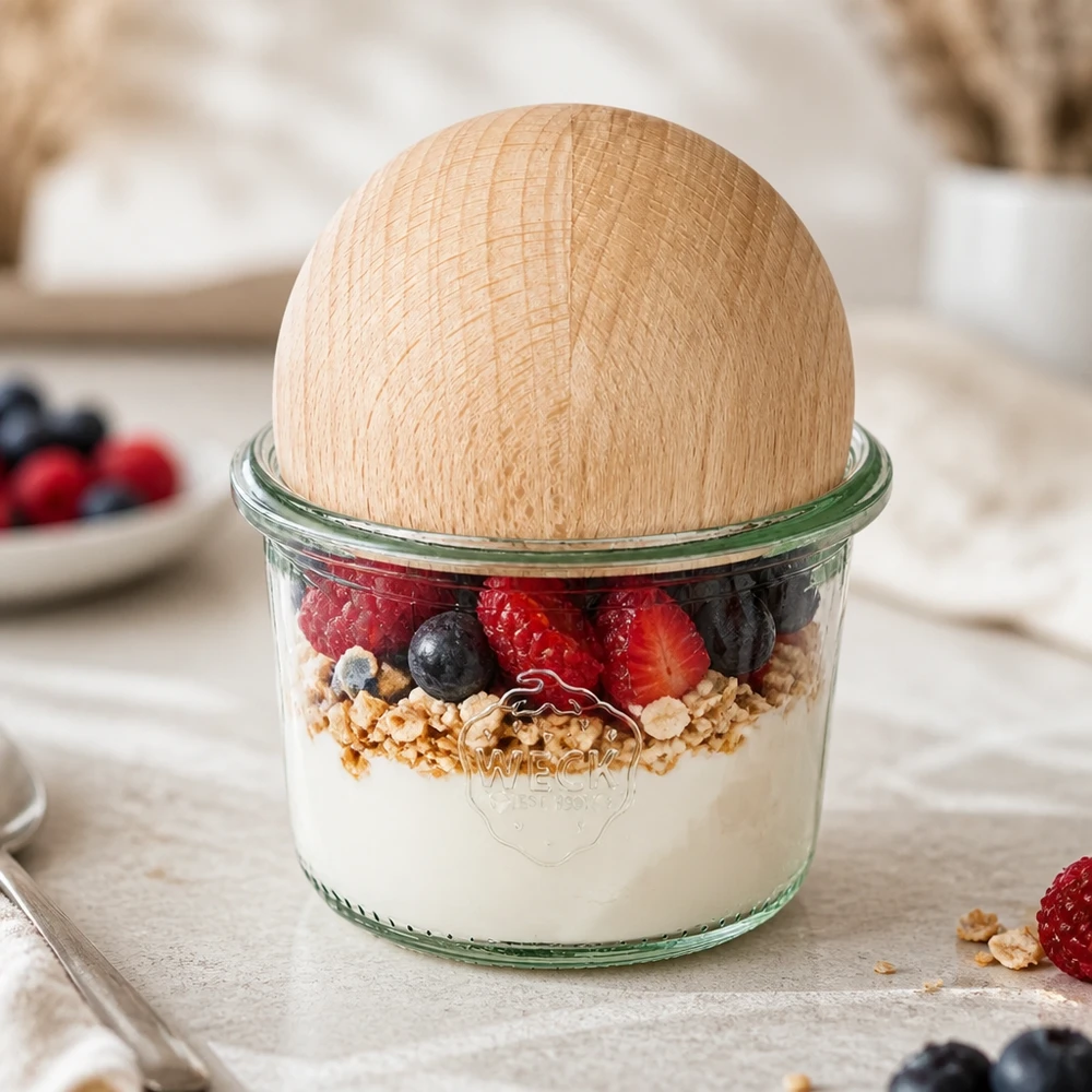WECK Verre renversé 80ml RR60 avec boule en bois de hêtre remplie de yaourt, granola et baies comme parfait pour le petit déjeuner