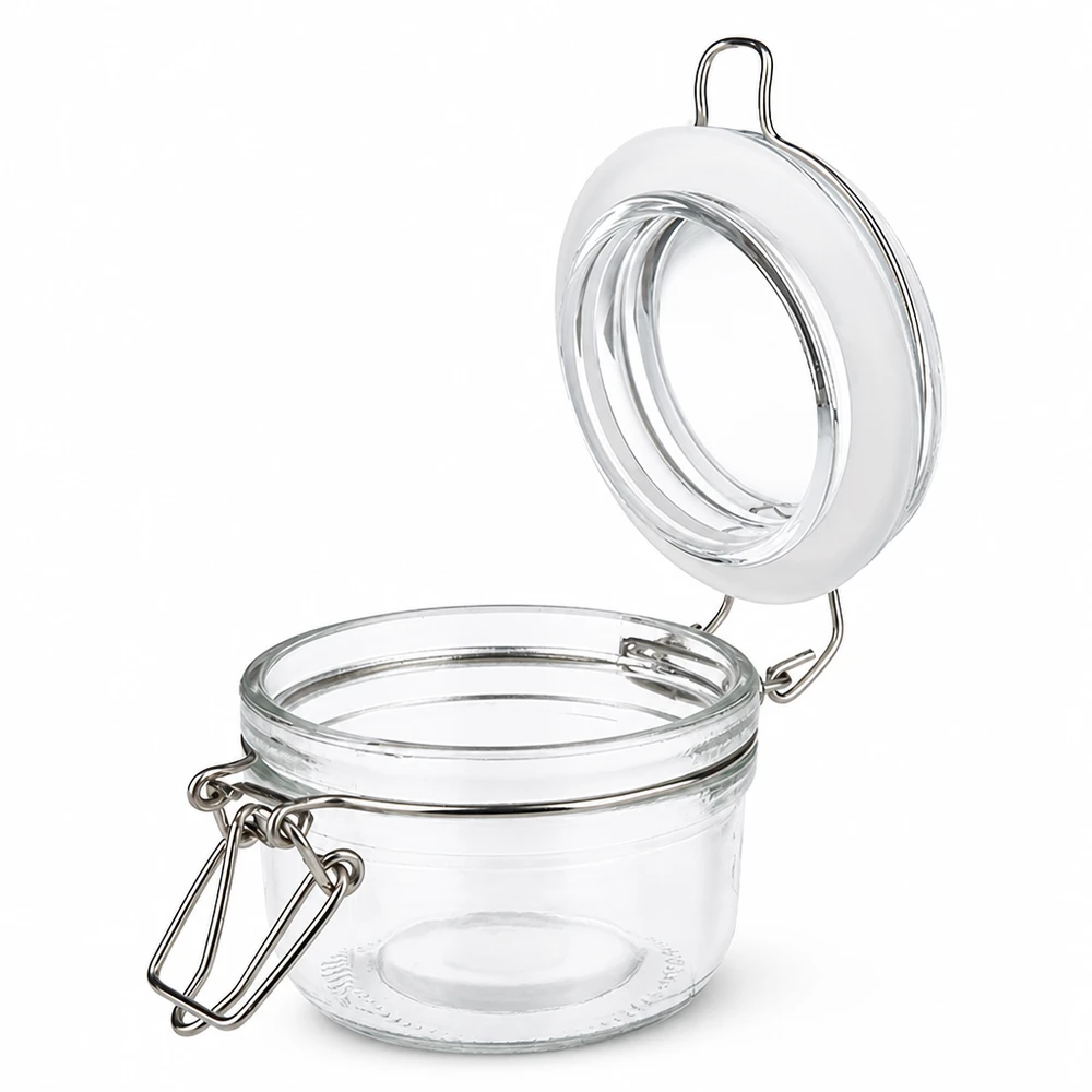 Pot de réserve 100ml type S avec fermeture à étrier UN.. Pot à conserves transparent de 100 ml avec anse métallique et joint en caoutchouc pour une conservation hermétique