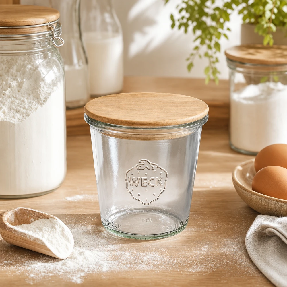 290ml bocal conique haut WECK RR80 avec couvercle en bois WECK Sturzglas 290ml RR80 mit Holzdeckel in natürlicher Küchenszene mit Mehl Eiern und Backzutaten auf Holzbrett