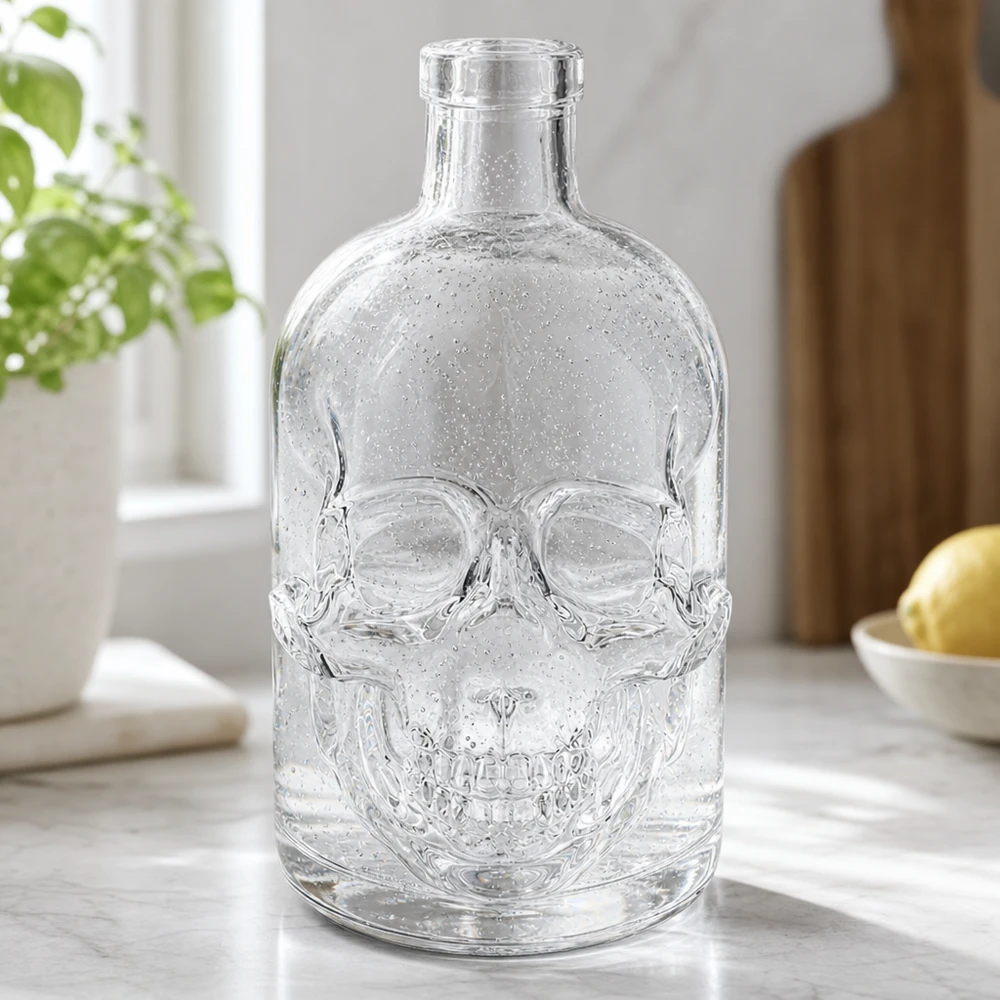Bouteille en verre 500ml Jack design tête de mort vide sur plan de travail en marbre Ambiance cuisine sans bouchon UNiTWIST transpare