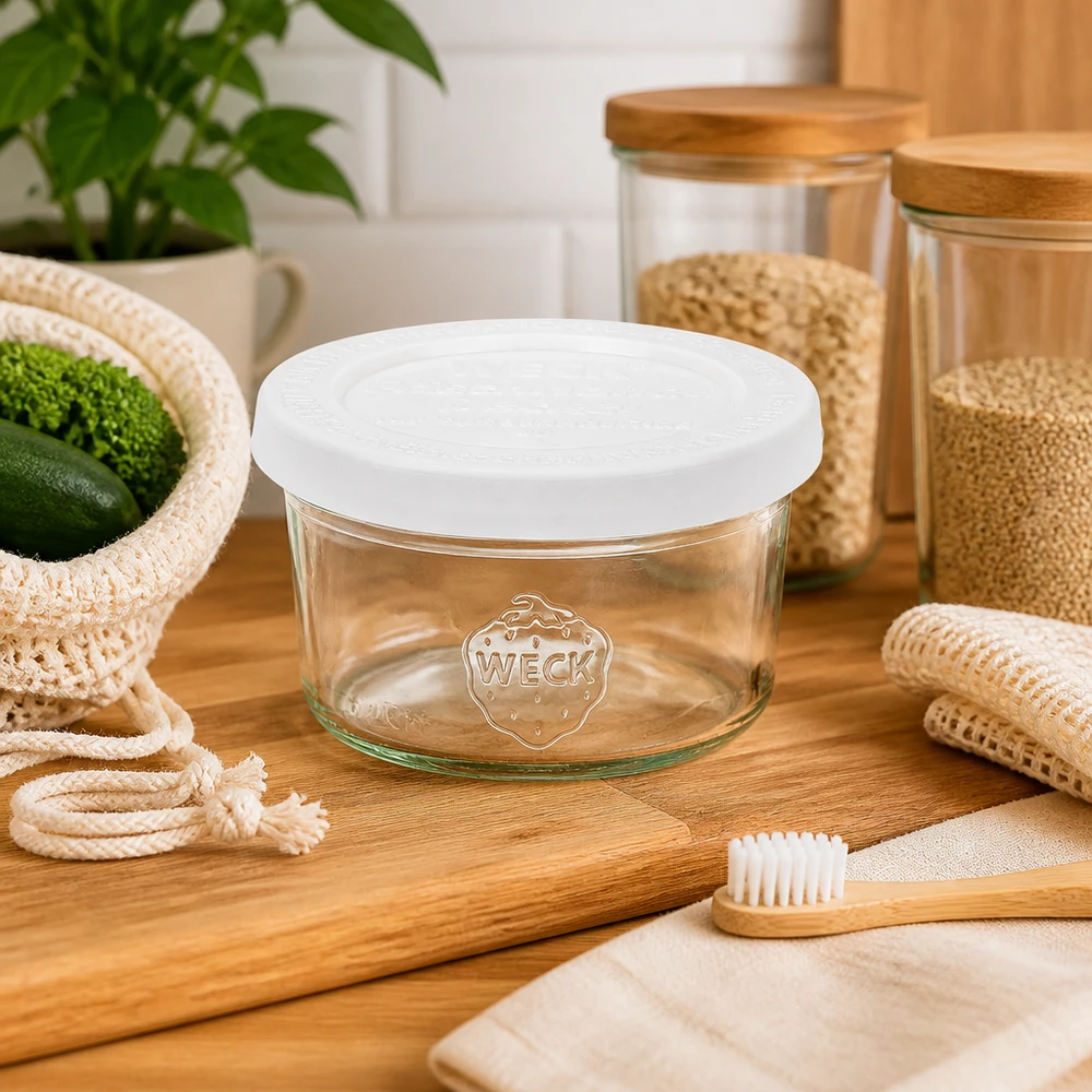 WECK Pot renversé de 50ml RR60 avec couvercle blanc dans une cuisine durable avec brosse à dents en bambou et produits zéro déchet