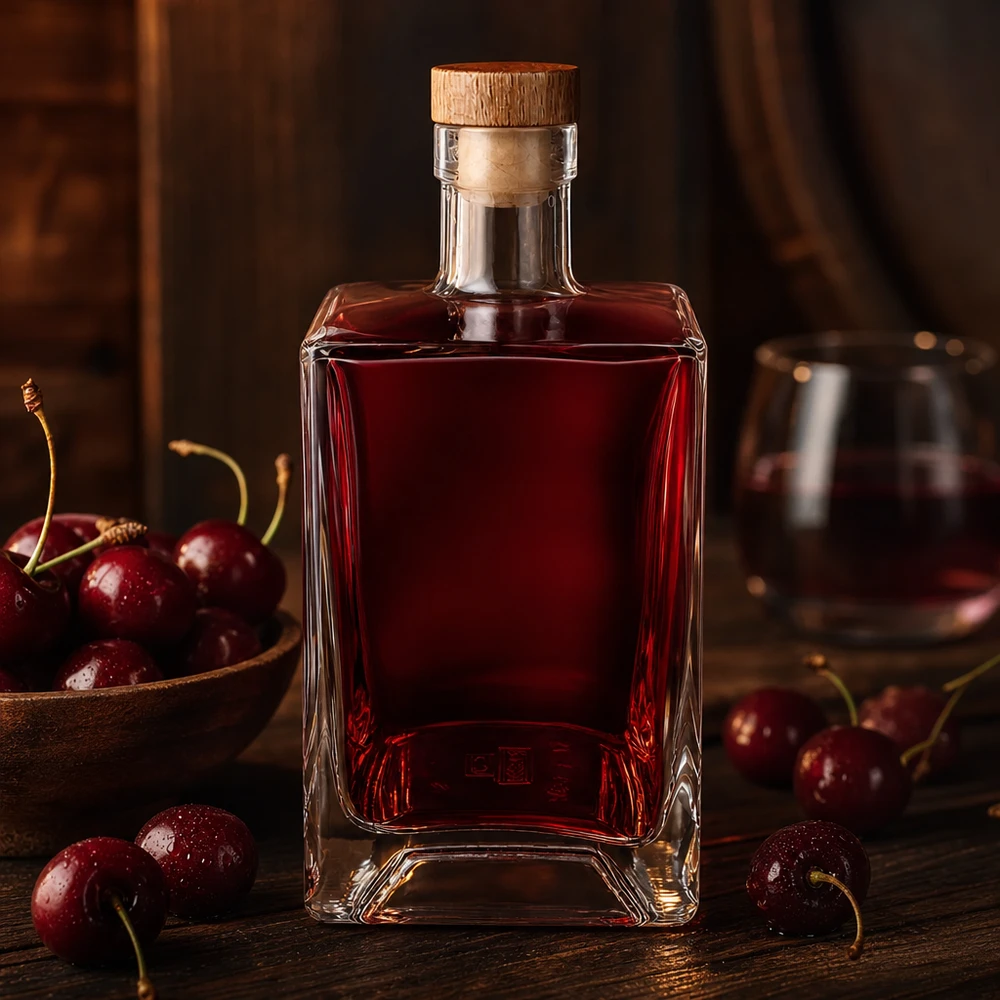 Bouteille en verre Ben de 700 ml remplie de liqueur de cerise rouge entre des cerises fraîches Surface en bois rustique Bouchon UNiTWIST