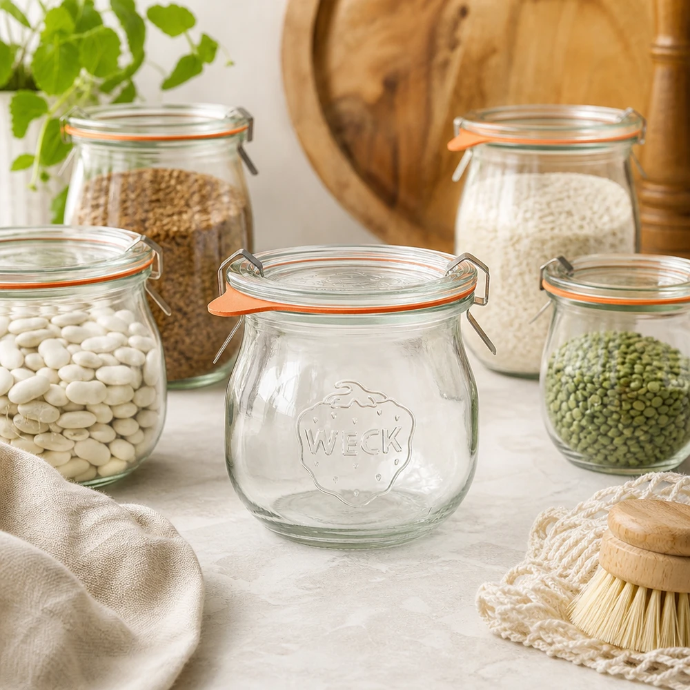 WECK Pot tulipe 75ml RR40 dans une scène de cuisine naturelle entre des bocaux de stockage avec des légumineuses et des céréales
