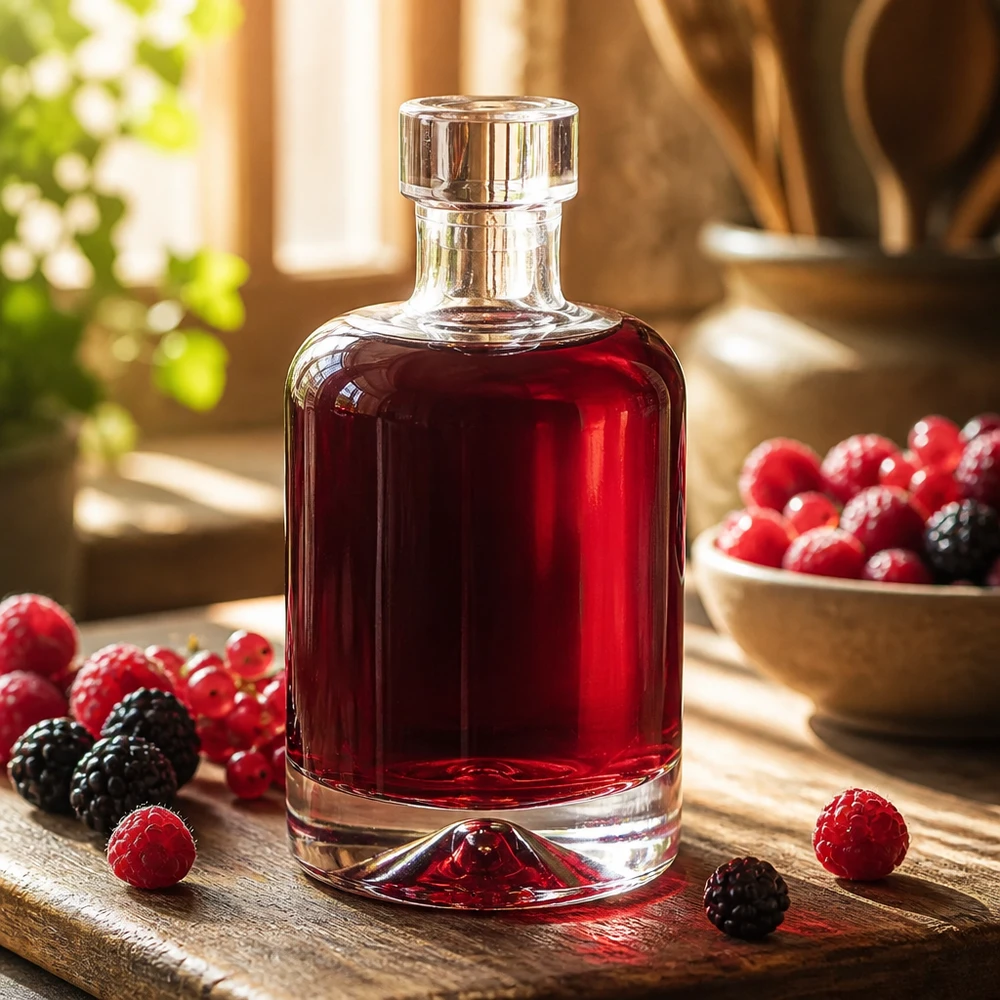 Bouteille en verre de 50 ml Amelie remplie de liqueur de baies rouges entourée de framboises et de mûres fraîches montre des spiritueux nobles