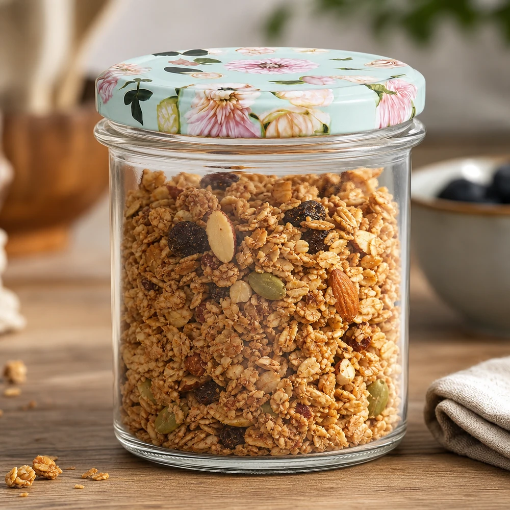 Verres de 350 ml + couvercle BasicSeal fleur de menthe UNiTWIST 350ml Sturzglas mit BasicSeal Deckel Blumenmuster mint gefüllt mit Müsli, praktische Vorratsdose für Küche