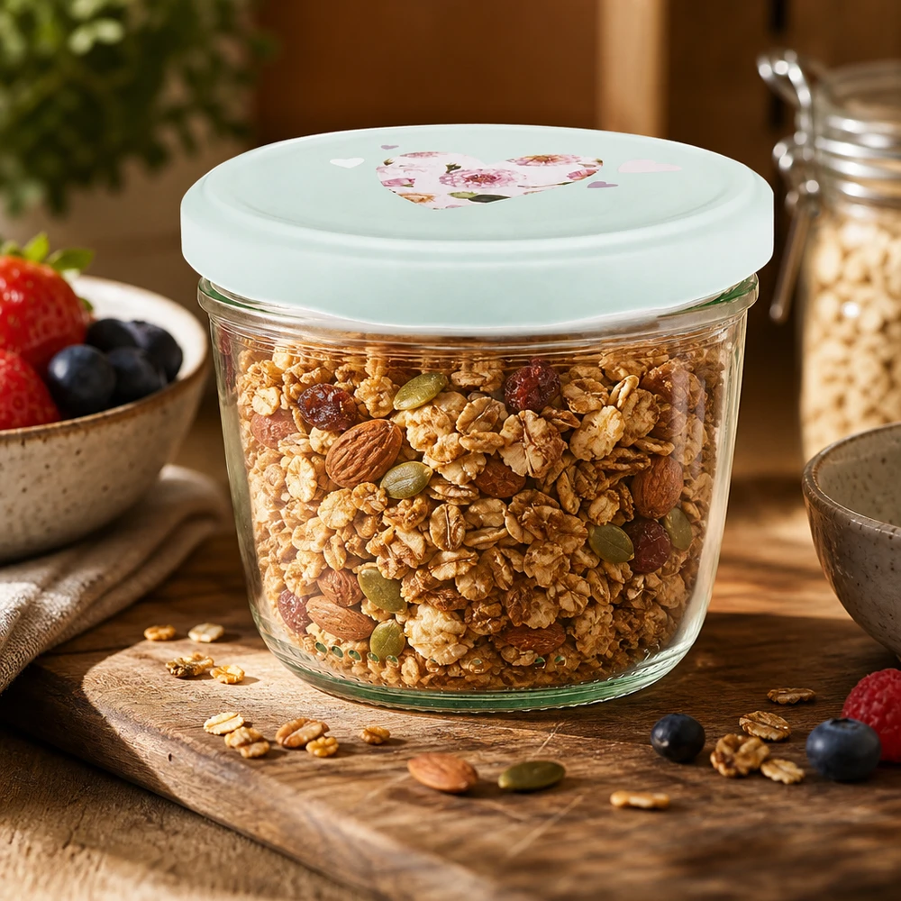 Granola et muesli en pot renversé de 230 ml avec couvercle BasicSeal cœur menthe, Conserver les céréales pour le petit déjeuner à l'abri de l'air