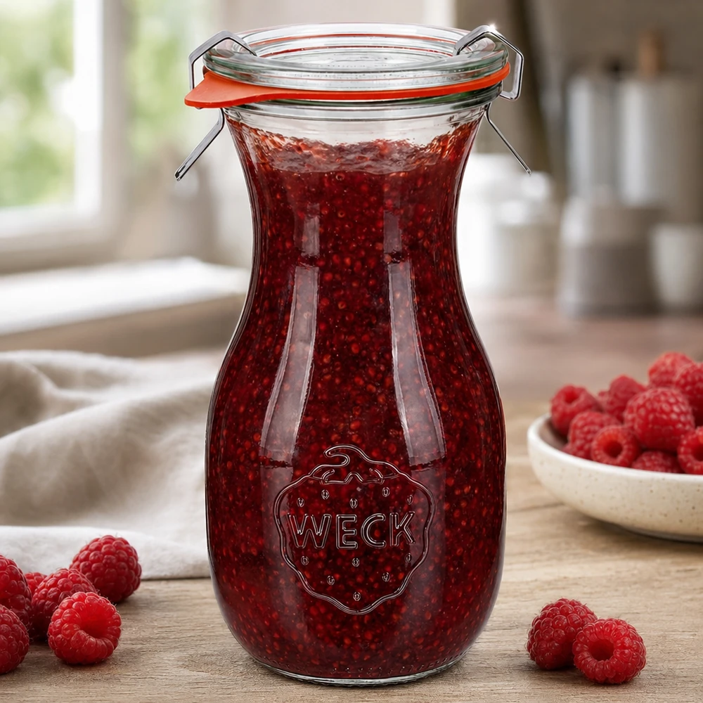 Bouteille à jus de 290 ml, ensemble complet WECK RR60 WECK Bouteille de jus 290ml RR60 remplie de confiture de framboises et bouchon à étrier sur table en bois avec framboises fraîches