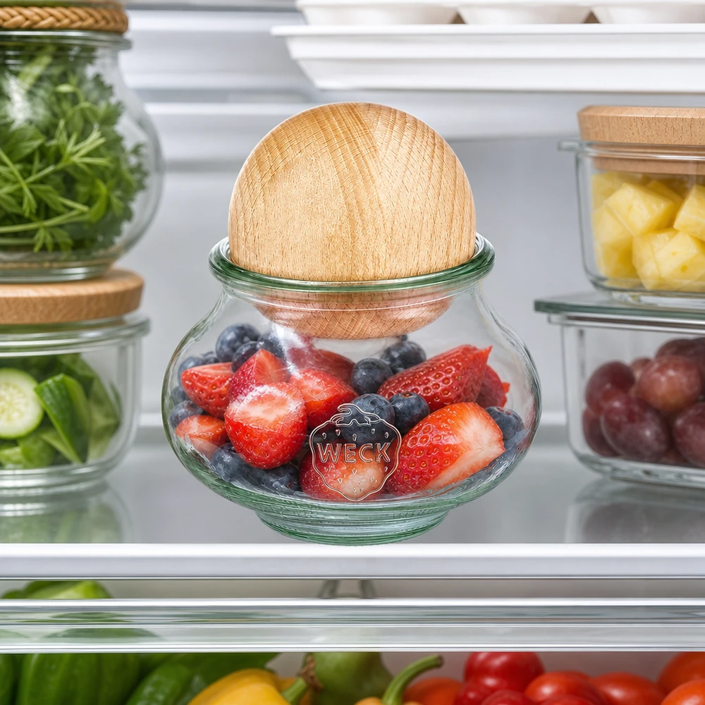 WECK Bocal à bijoux 560ml RR80 Réfrigérateur Conservation des baies Fruits Sphère en bois Hêtre Conservation de la fraîcheur Organisation du réfrigérateur
