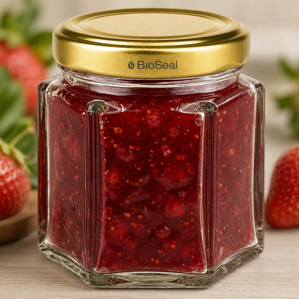 Pot à miel 60 g avec couvercle doré BioSeal UNiTWIST BioSeal pot de miel hexagonal de 60g rempli de confiture de fraise avec bouchon à vis doré style cuisine