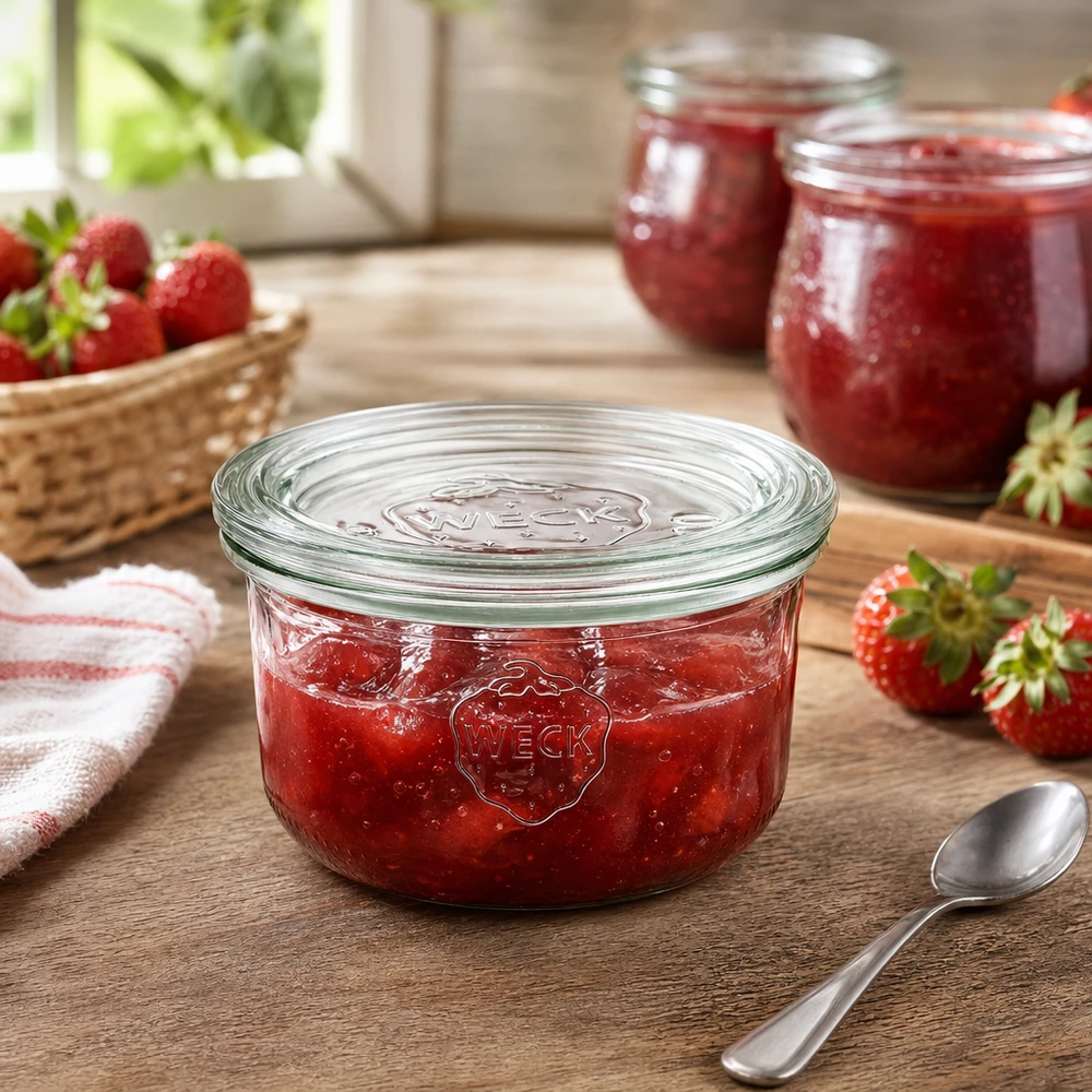 165ml bocal conique avec bouchon en verre WECK RR80 WECK Pot renversé 165ml RR80 rempli de confiture de fraises sur table en bois avec fraises fraîches et cuillère