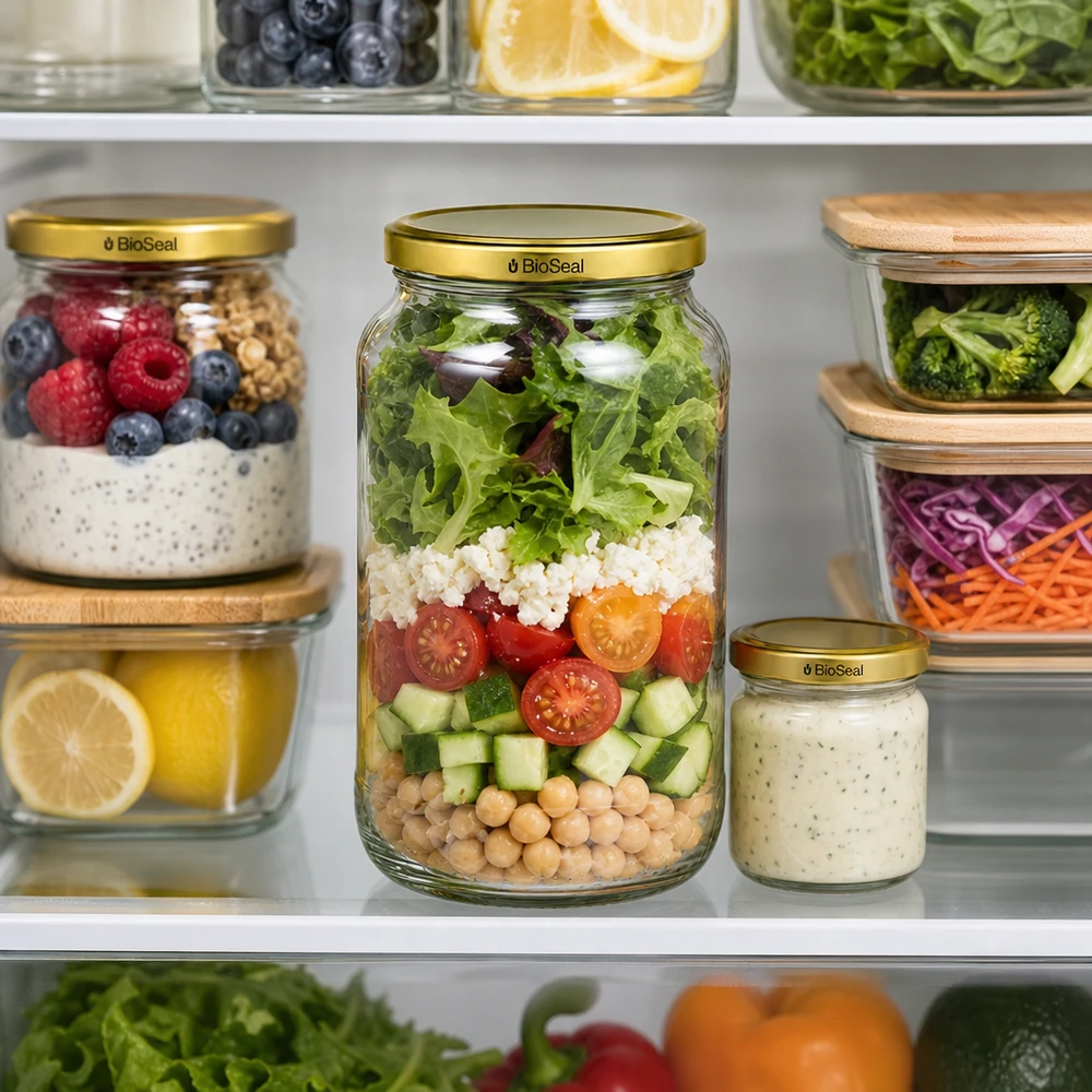 UNiTWIST Runda1062 Réfrigérateur Meal Prep Salade à couches TO82 BioSeal Couvercle doré Bocal de conservation Conservation de la fraîcheur