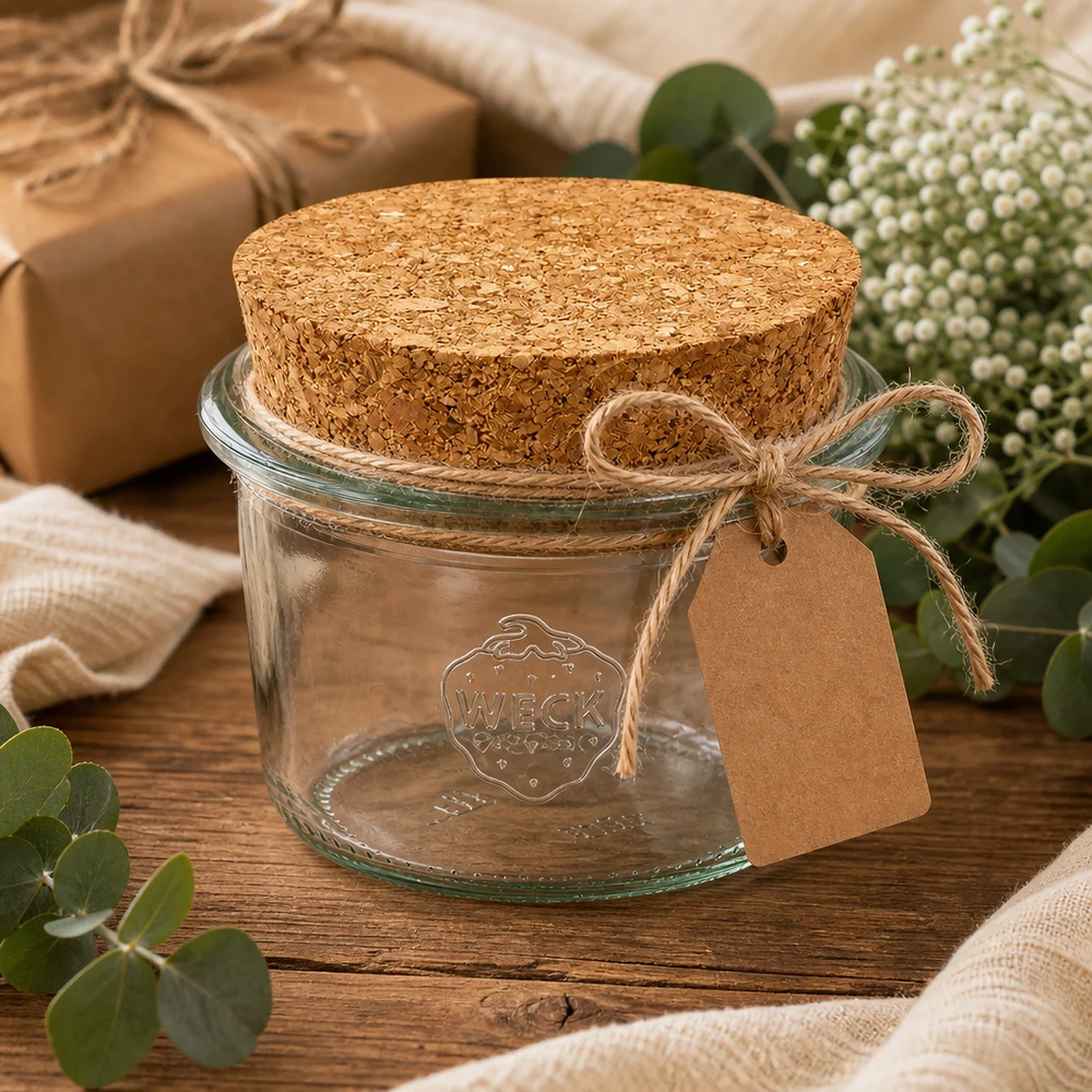 80ml bocal conique WECK RR60 avec bouchon nature WECK Verre renversé 80ml RR60 Idée cadeau avec pendentif en liège et ruban de jute décoré sur une table en bois