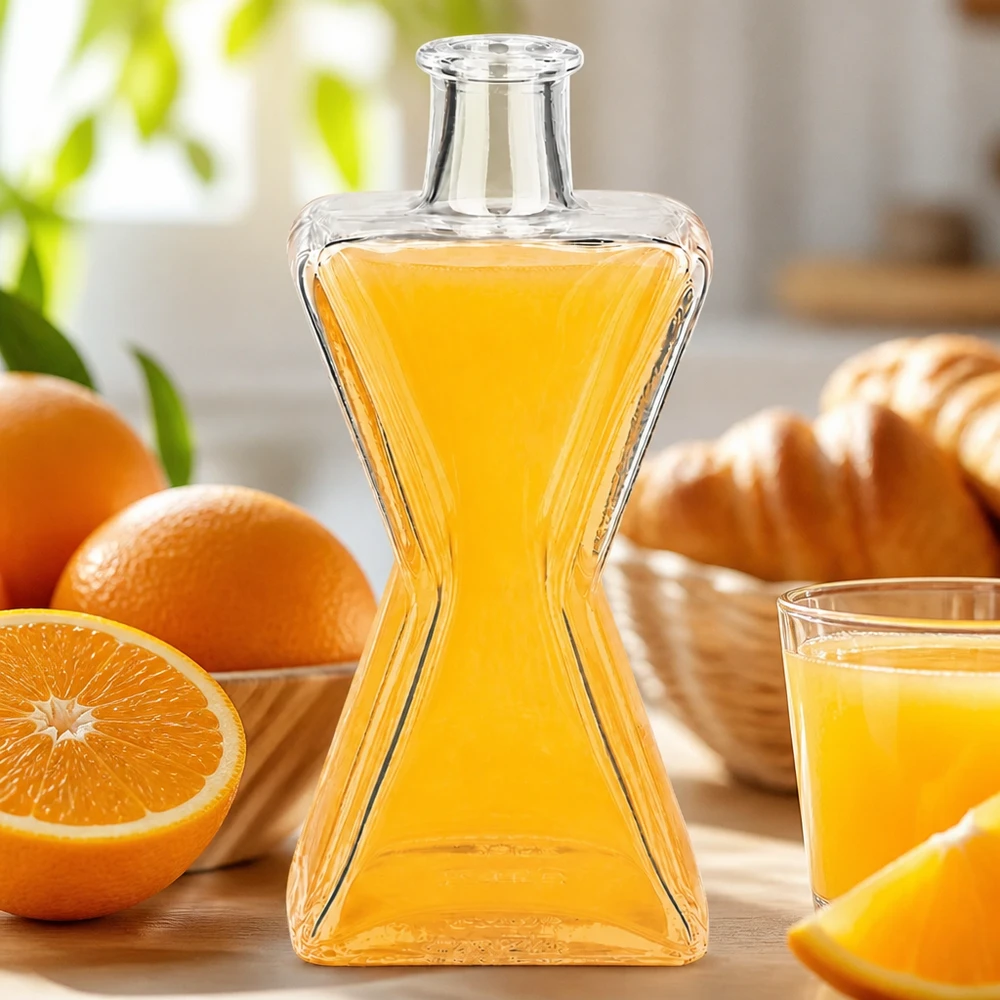 Bouteille en verre Star 200ml remplie de jus d'orange à côté d'oranges fraîches et de croissants sur une table en bois dans une ambiance de petit-déjeuner
