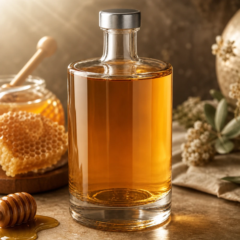 Bouteille en verre Sam de 500 ml remplie de miel à côté du rayon de miel et de la cuillère à miel Décoration de cuisine rustique Exemple d'utilisation