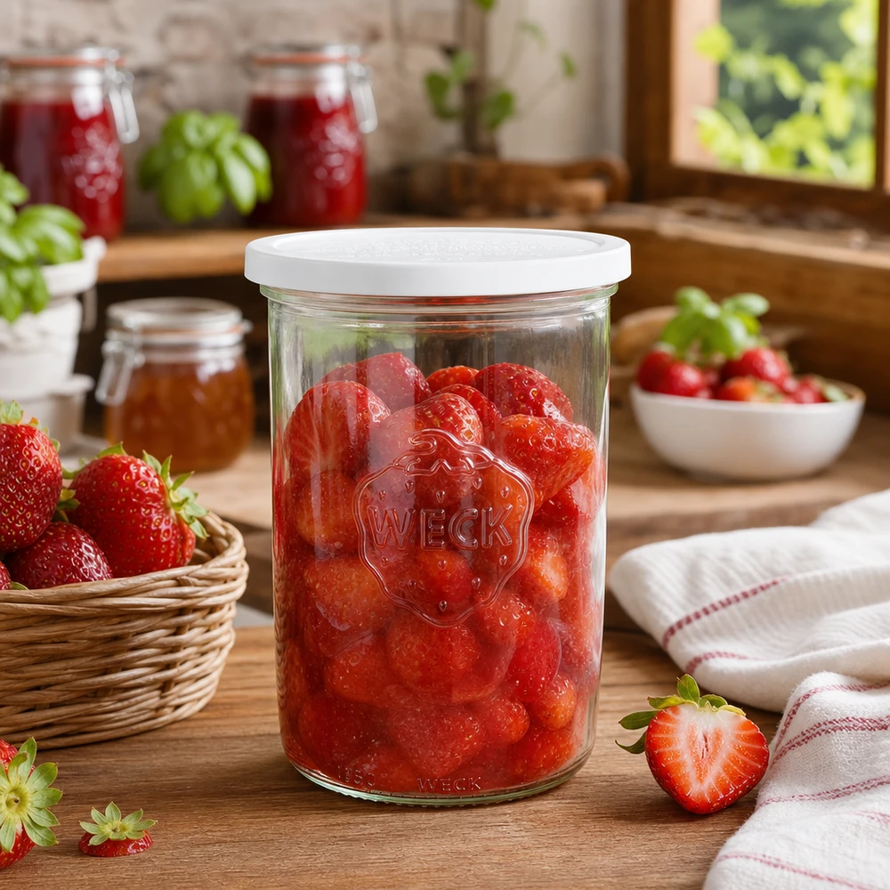 WECK Pot de conservation 1000ml RR100 avec fraises marinées dans une cuisine rustique avec des fruits frais
