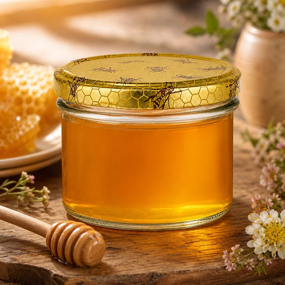 225ml verre renversé + couvercle BasicSeal nid d'abeille UN. 225ml pot de conserve rempli de miel BasicSeal couvercle design nid d'abeille pot de miel avec cuillère en bois pot de confiture