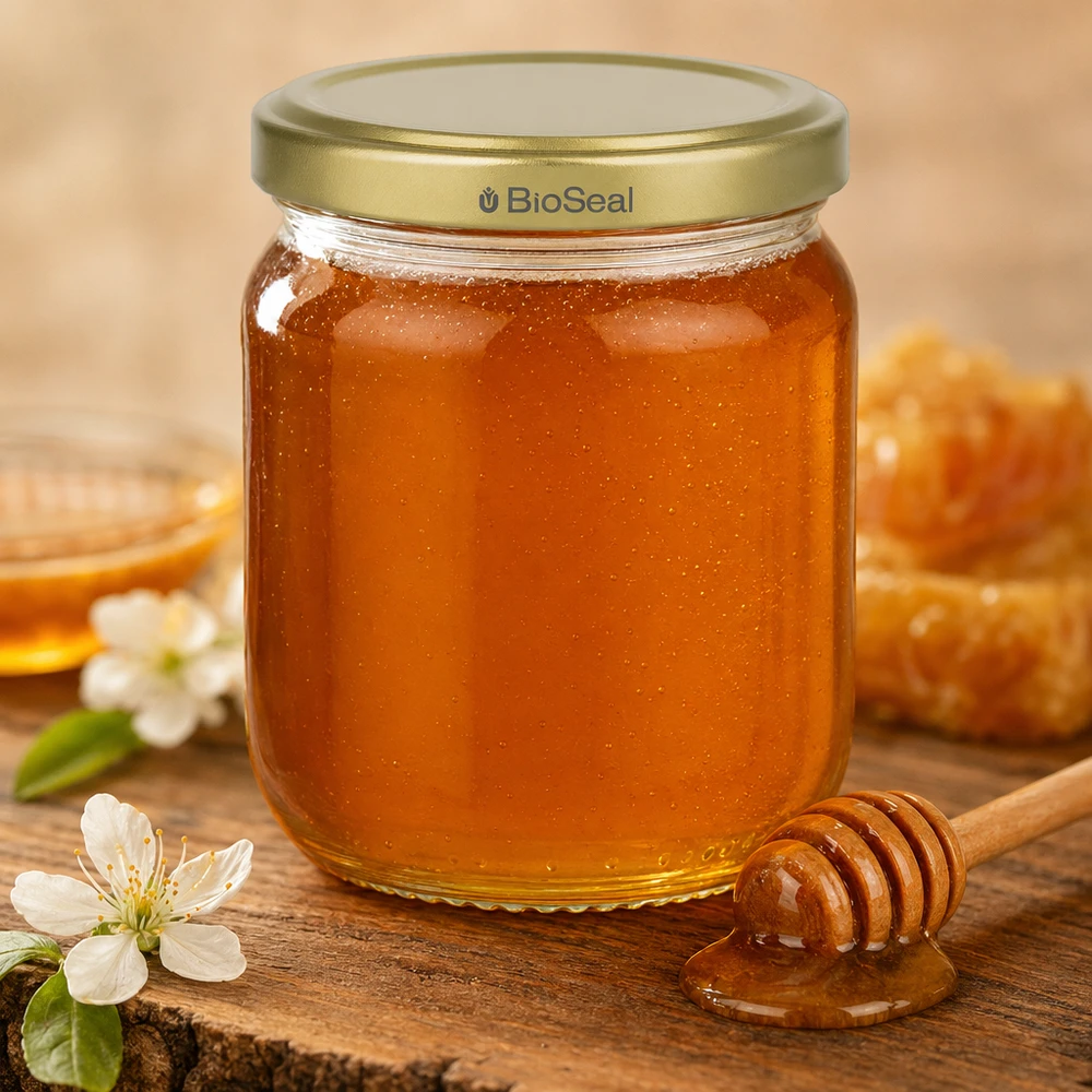 Pot à miel 500 g avec couvercle doré BioSeal UNiTWIST Pot de miel 500g avec couvercle BioSeal Gold et cuillère à miel sur bois rustique avec fleurs blanches en décoration