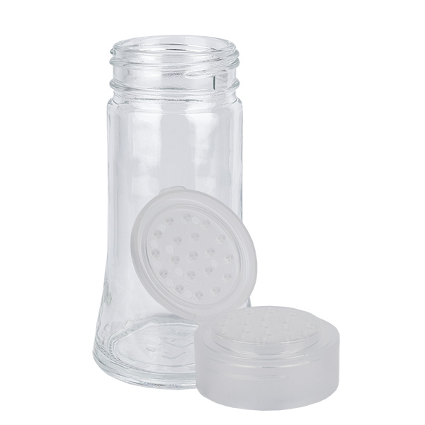 Bocal à sel/épices 95ml avec saupoudroir blanc - Couvercle avec saupoudroir à 19 trous ø3.5mm. Charnière rabattable. EN PP.