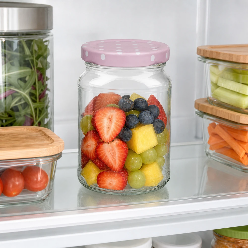 Pot rond de 205ml avec couvercle rose à points BasicSeal dans le réfrigérateur pour la conservation des fruits et légumes frais