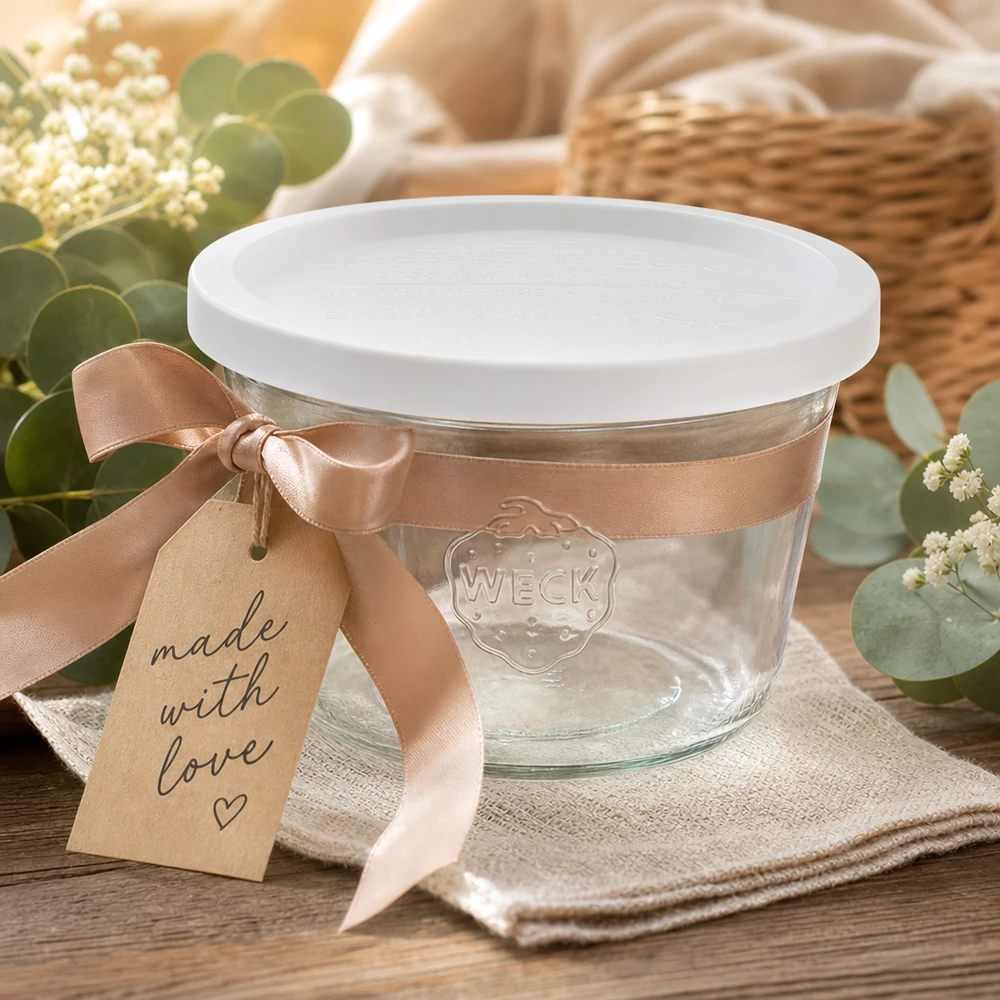 WECK Verre renversé 370ml RR100 présenté de manière décorative avec un ruban et une étiquette cadeau Made with Love sur une table en bois