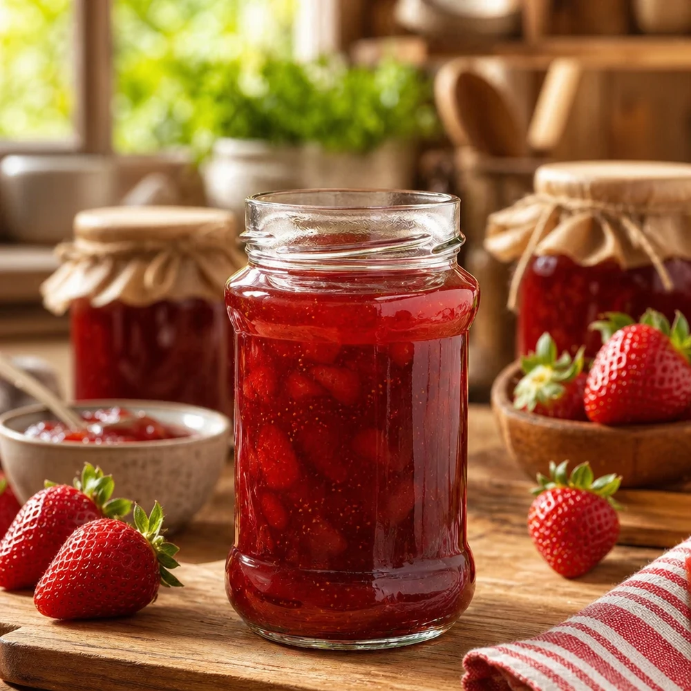 390ml Verre rond sans couvercle (TO66deep) UNiTWIST Pot rond de 390ml rempli de confiture de fraises sur table en bois avec fraises fraîches et autres pots de confiture à l'arrière