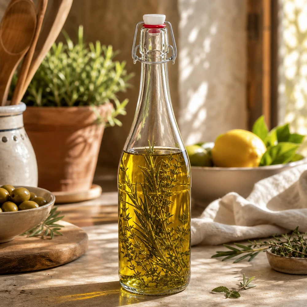 Bouteille en verre de 750 ml avec bouchon à étrier remplie d'huile aux herbes Exemple d'utilisation cuisine méditerranéenne décorative