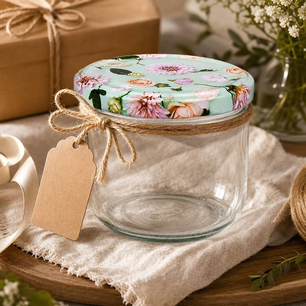 Tumbler de 260 ml + couvercle BasicSeal fleur menthe UNiTWIST Verre à pied décoré de 260 ml avec couvercle à fleurs BasicSeal menthe, cordon de jute, étiquette cadeau sur toile de lin