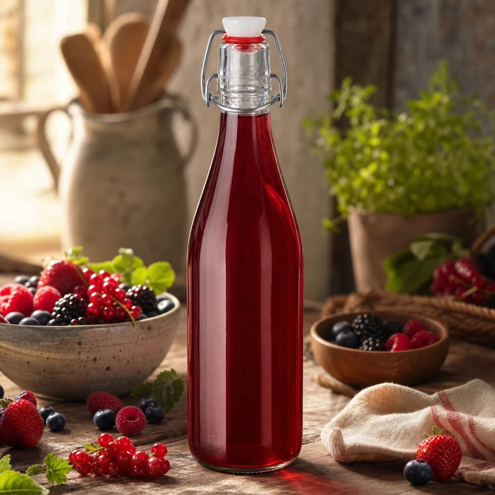 Bouteille en verre de 500 ml + bouchon mécanique PVC UNiTWIST 500ml Glasflasche Bügelverschluss mit rotem Beerensaft gefüllt Fruchtsäfte Smoothies selbstgemacht Küchendeko