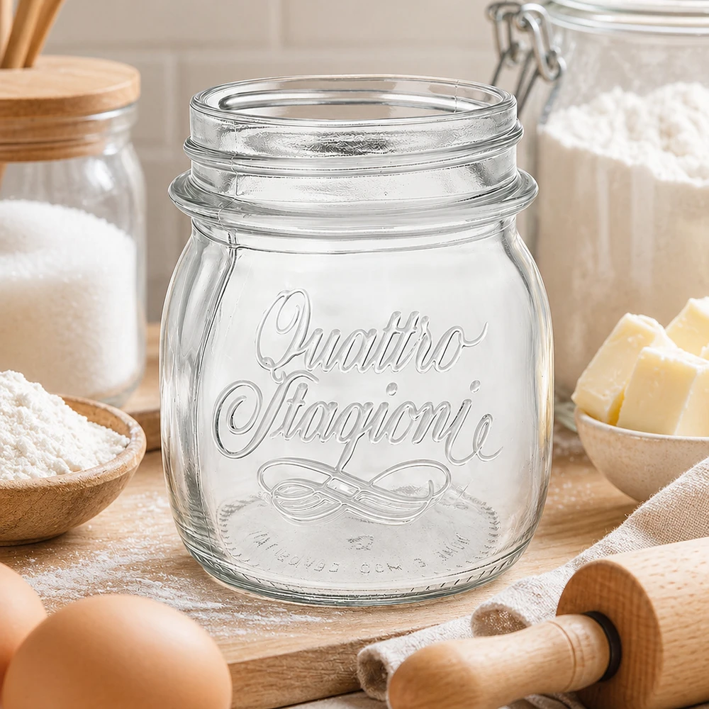 250ml Quattro Stagioni Pot ménager avec emblème sur table en bois avec ustensiles de cuisine et ingrédients