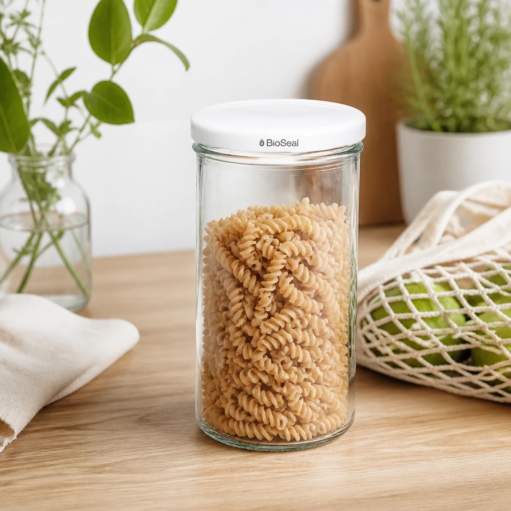 277ml Verre conique avec couvercle BioSeal blanc UNiTWIST UNiTWIST Sturz277 Bocal de stockage rempli de pâtes fusilli TO66 blanc Couvercle BioSeal Conservation des pâtes de cuisine