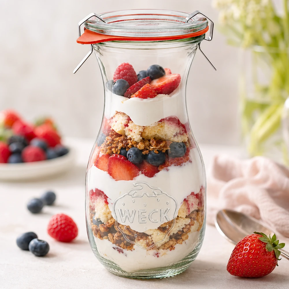 Bouteille à jus de 290 ml, ensemble complet WECK RR60 WECK Bouteille de jus 290 ml RR60 avec dessert à base de yaourt, baies et granola comme idée d'utilisation créative