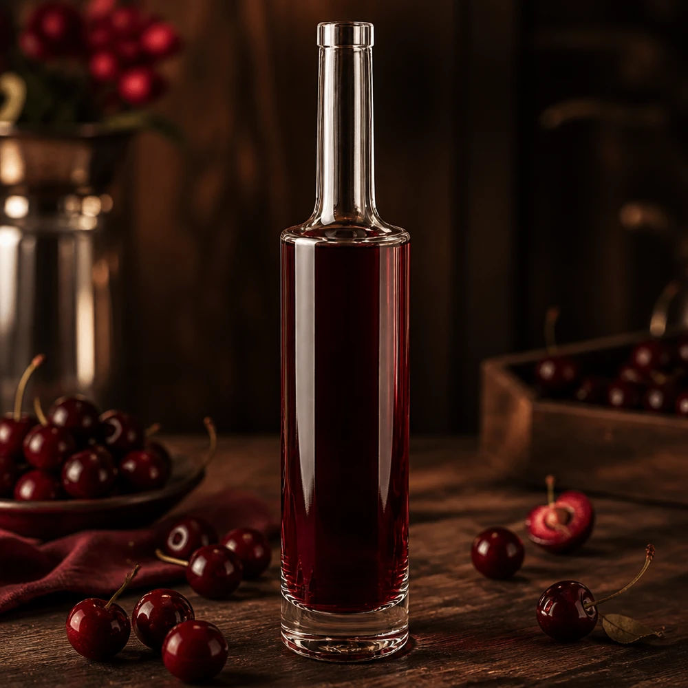 Bouteille en verre 500 ml « Rosa » sans bouchon UNiTWIST® Bouteille en verre rose de 500 ml remplie de liqueur de cerise décor rustique en bois cerises fraîches Photo produit 5 sur 10