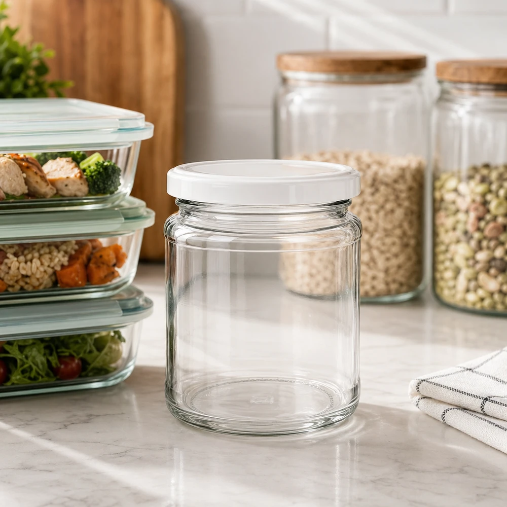 Pot rond vide de 212ml avec couvercle BasicSeal dans la cuisine moderne entre les Meal-Prep Boxes et les bocaux à provisions