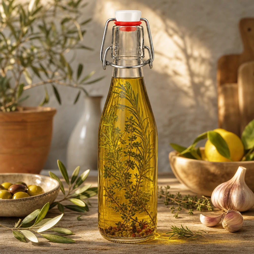 Bouteille en verre de 250 ml avec bouchon à étrier remplie d'huile aux herbes, ambiance méditerranéenne avec olives et ail