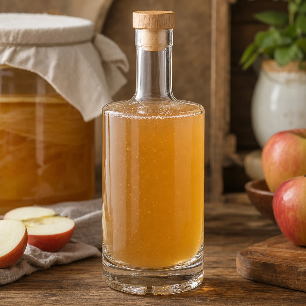 Bouteille en verre Nora de 500 ml remplie de jus de pomme dans une cuisine rustique avec des pommes et un bouchon en bois UNiTWIST