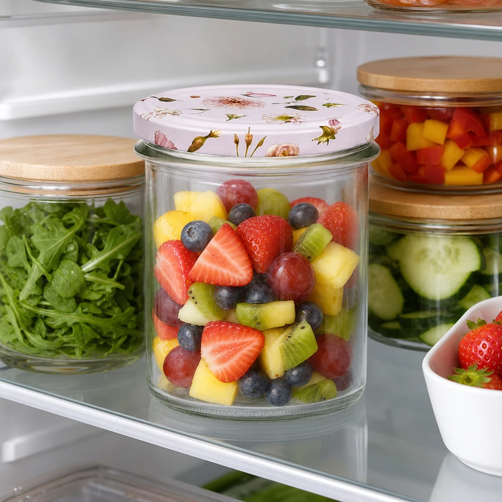 Verres de 350 ml + couvercle BasicSeal fleur rose UNiTWIST 350ml pot renversé rose couvercle fleuri rempli de salade de fruits au réfrigérateur à côté de la salade et des légumes conservation fraîche