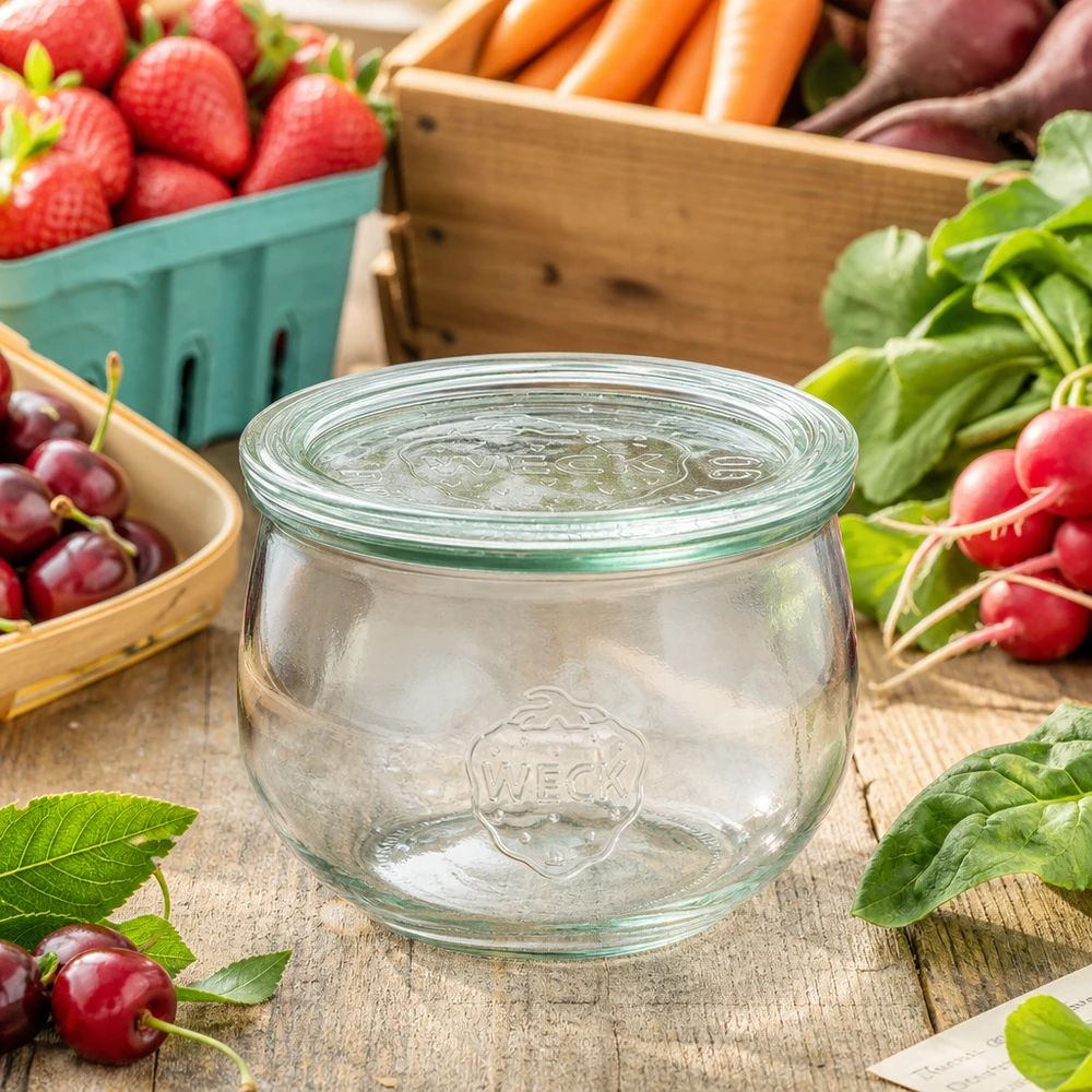 580ml bocal tulipe avec bouchon en verre WECK RR100 WECK Pot tulipe 580ml RR100 avec couvercle en verre entre des fruits et légumes frais disposés sur une table rustique en bois