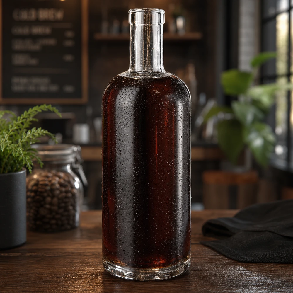 Flacon en verre 750 ml « Emma » sans bouchon UNiTWIST® Bouteille en verre Emma de 750 ml remplie de whisky foncé dans une cuisine rustique avec des gouttes d'eau sur la surface
