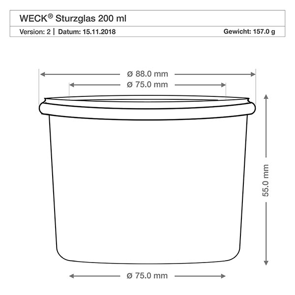 Bocal en verre à fond bombé WECK RR80 de 200 ml Dessin technique WECK verre renversé 200ml RR80 avec dimensions 88mm diamètre, 55mm hauteur, poids 157g