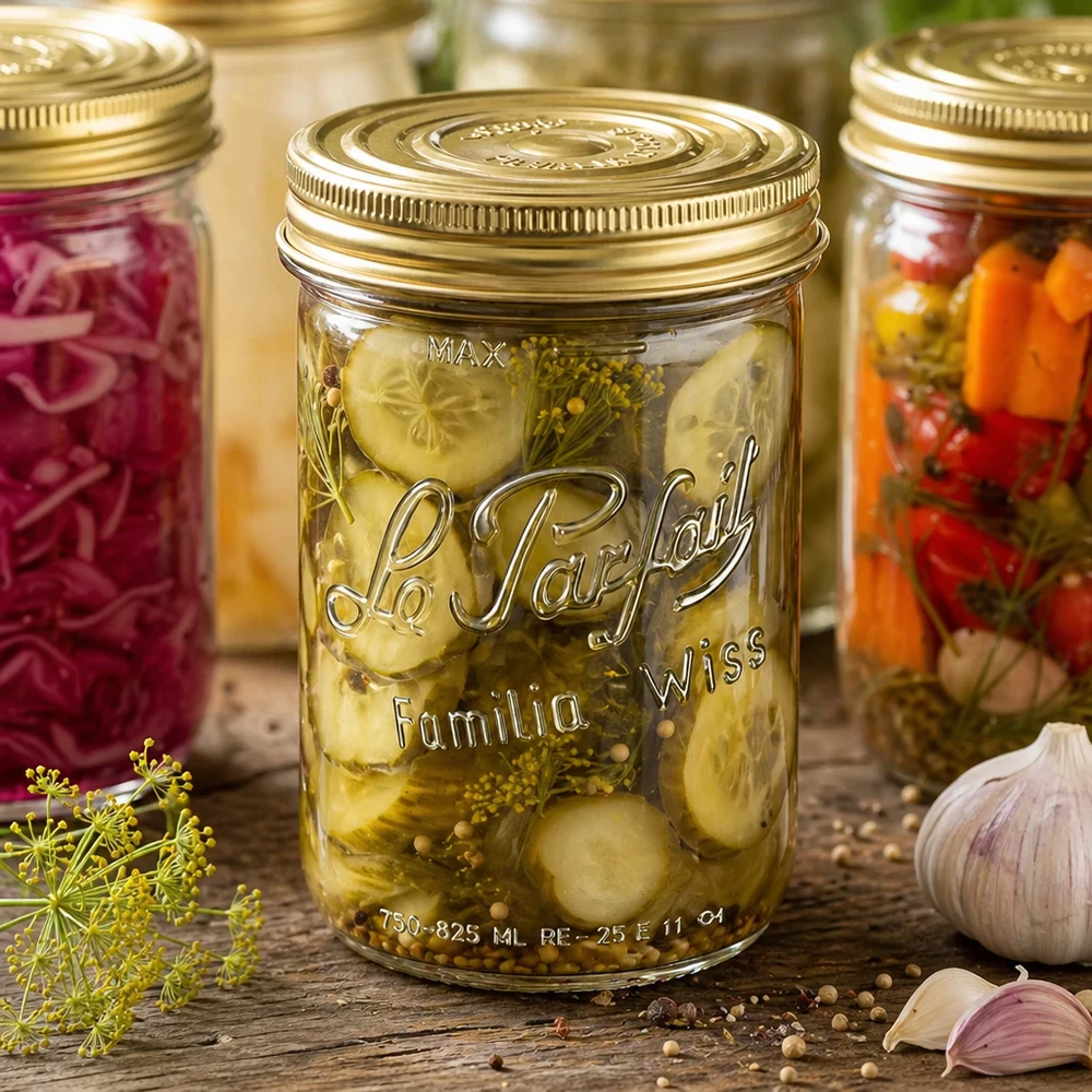 Le Parfait® Familia Wiss 1 kg Ø100 mm Bocal 1020ml Sturzglas Familia Wiss mit 2-teiligem Deckel für Einmachen von Gurken und Gemüse in rustikaler Küche
