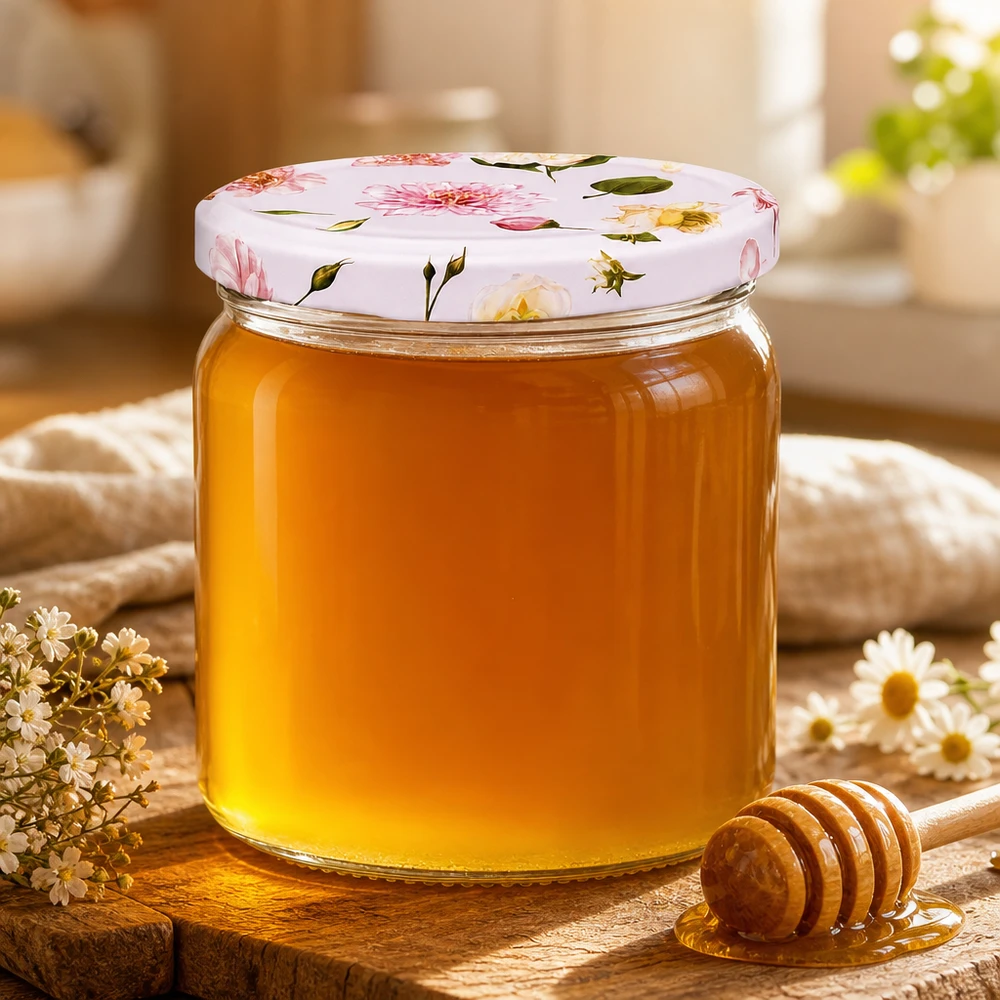 Pot rond de 408 ml avec couvercle rose à fleurs rempli de miel jaune doré Pot à confiture avec cuillère à miel en bois