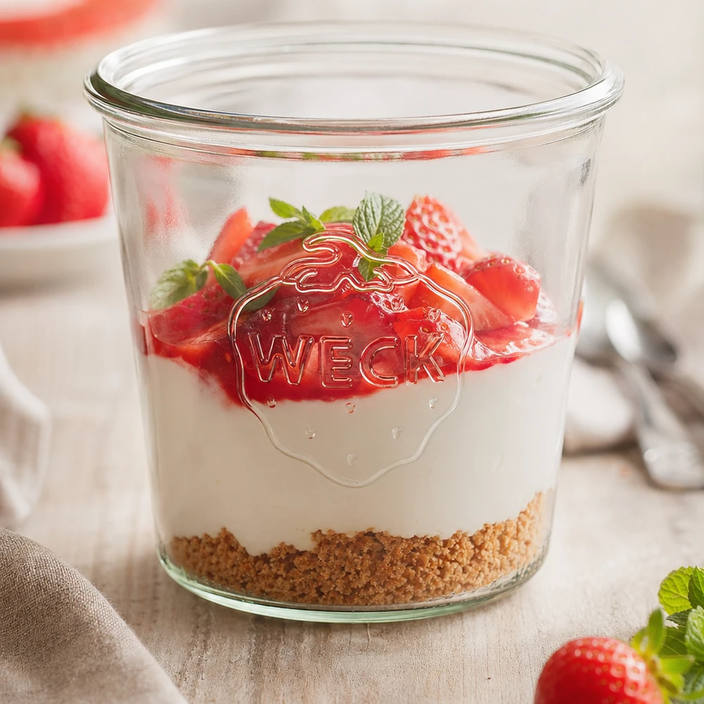 580ml bocal conique WECK RR100 WECK Verre renversé 580ml RR100 rempli de fraises et de yaourt comme dessert dans un verre sur une table en bois