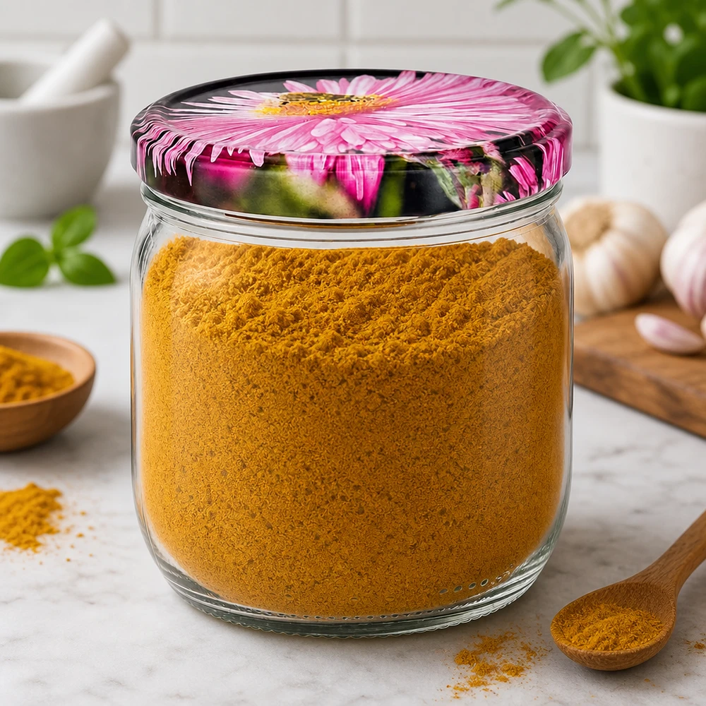 Pot rond de 425 ml avec couvercle fleuri rempli de poudre d'épices jaune, scène de cuisine avec cuillère en bois et herbes aromatiques
