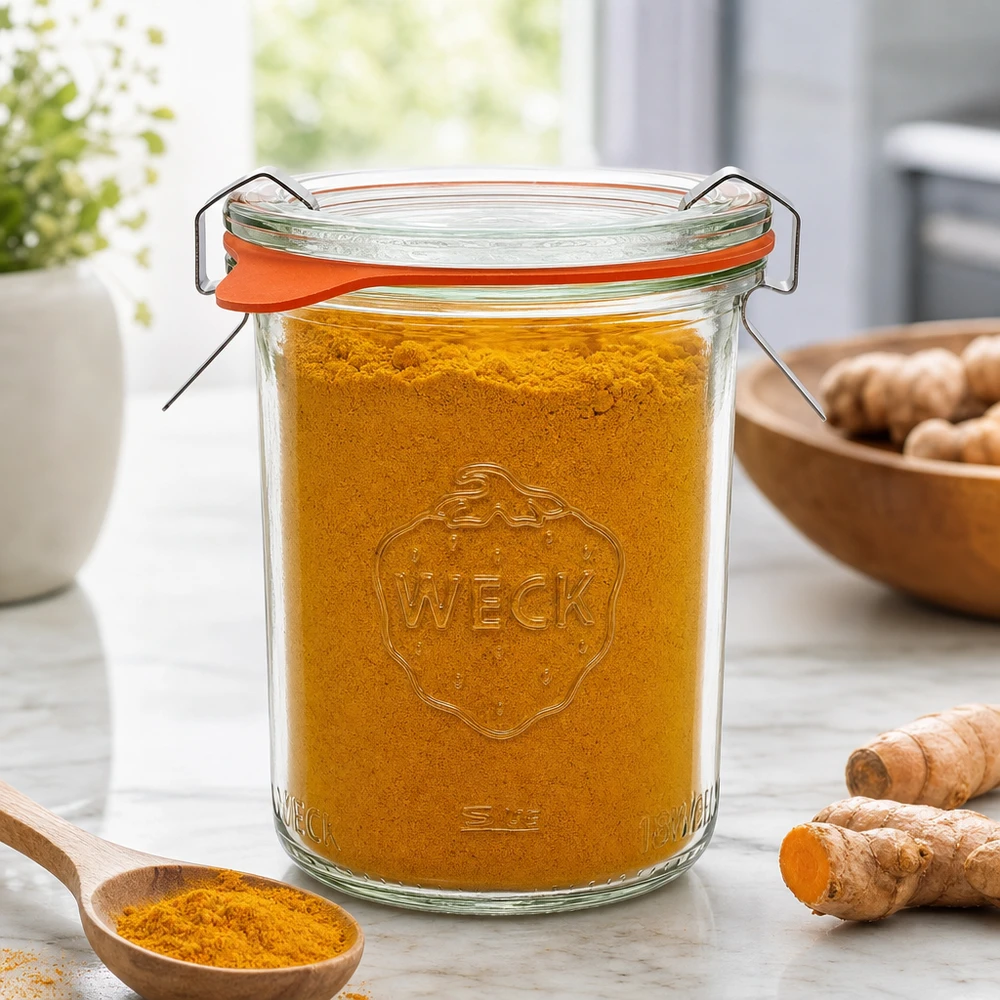 160ml bocal conique complet WECK RR60 WECK Sturzglas 160ml RR60 mit Kurkumapulver gefüllt neben Ingwerwurzeln zeigt perfekte Gewürzaufbewahrung