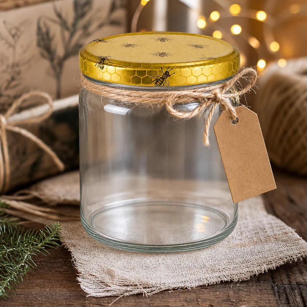 Verre rond de 408 ml avec couvercle en nid d'abeille BasicSeal vide avec étiquette cadeau décorée sur une table en bois rustique